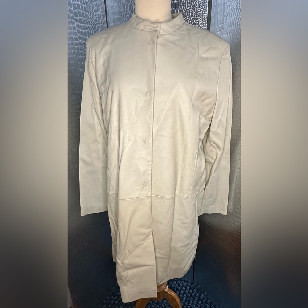Kenneth Cole Off-White Mandarin Collar Button Up Leather Jacket Size Large